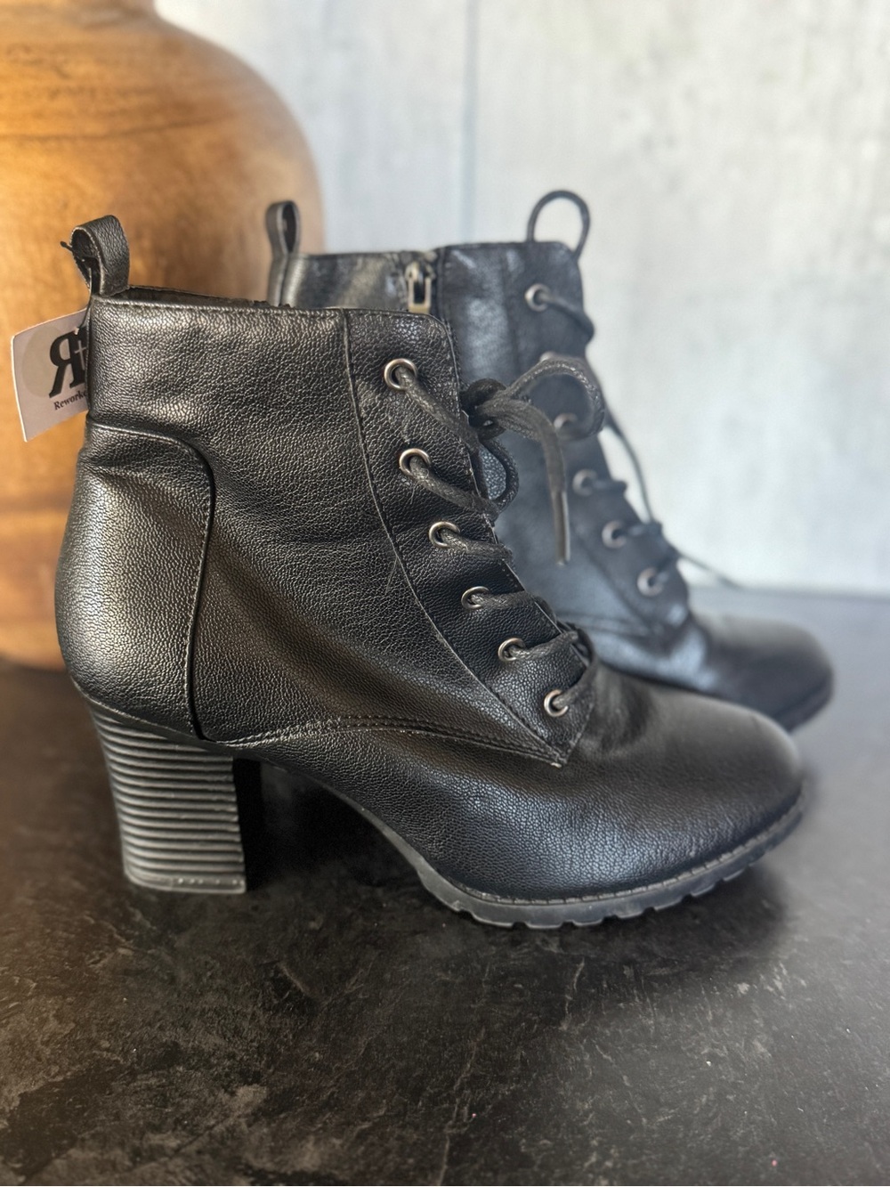 ID Required | Black Lace-Up Block Heel Ankle Boots | 7